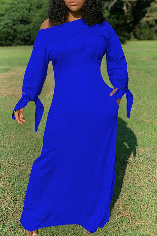 Pure Color Knotted Long Sleeve Casual Pocket Maxi Dress Plus Size Fashionpara