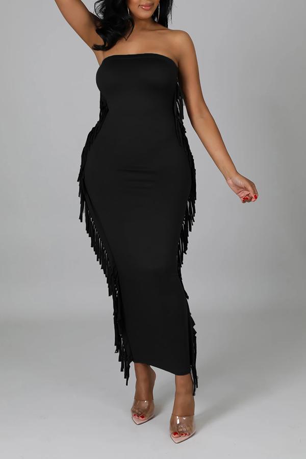 Fringe Stitching Wrapped Chest Solid Color Maxi Dress Fashionpara
