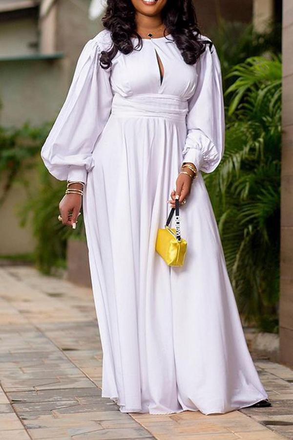 Retro Lantern Sleeve Solid Color High Waist Maxi Dress Fashionpara