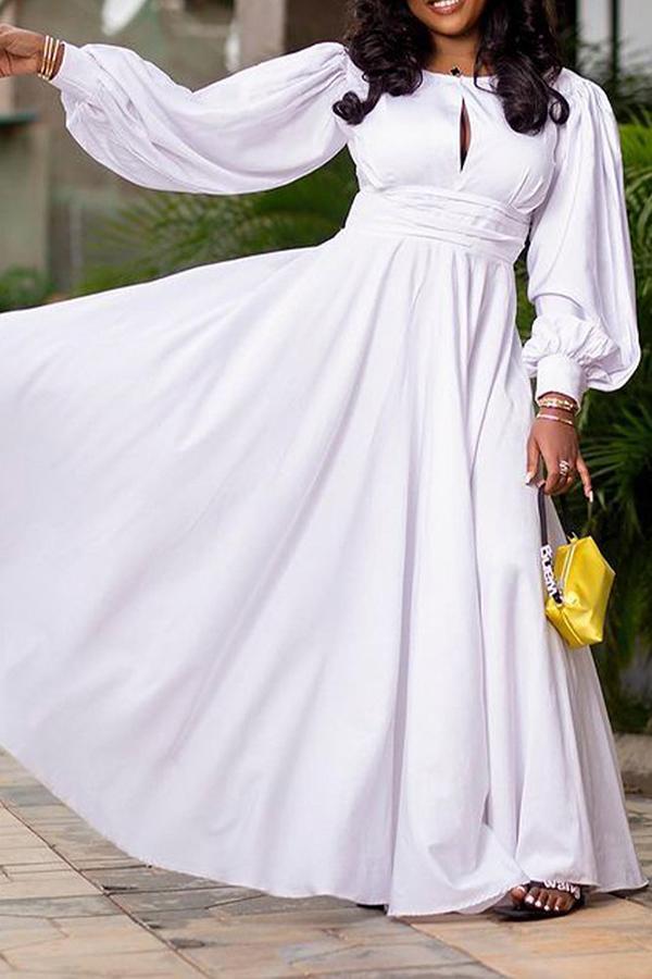 Retro Lantern Sleeve Solid Color High Waist Maxi Dress Fashionpara