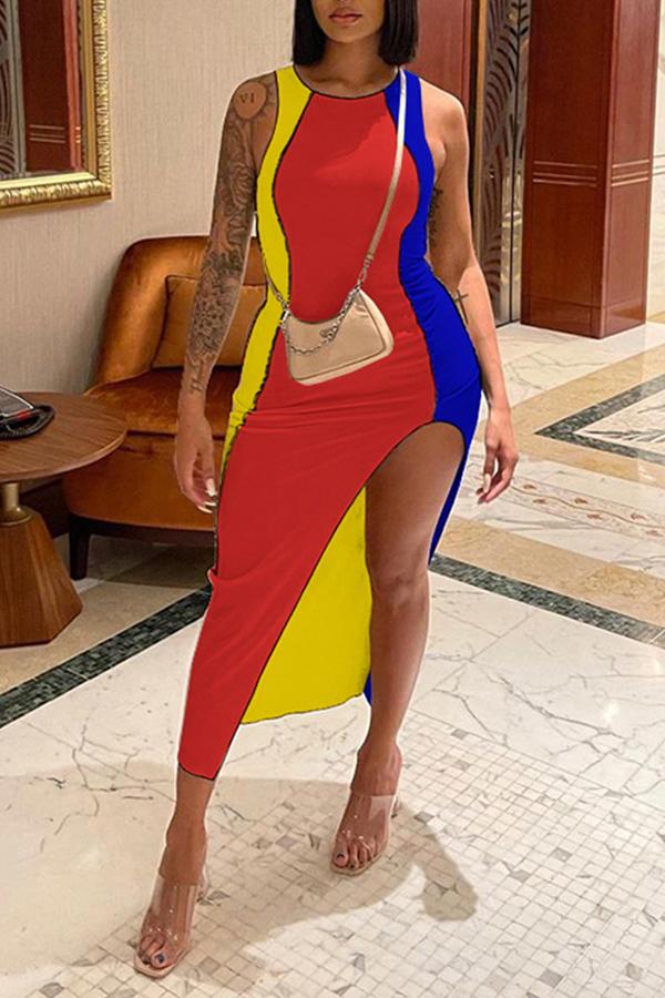 Fashion Casual Color Matching Sleeveless Irregular Maxi Dress Fashionpara