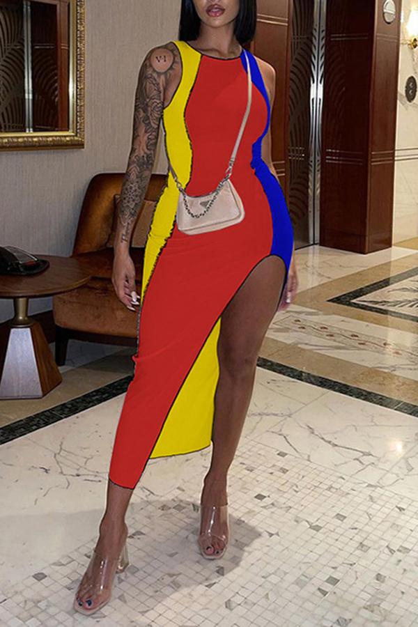 Fashion Casual Color Matching Sleeveless Irregular Maxi Dress Fashionpara