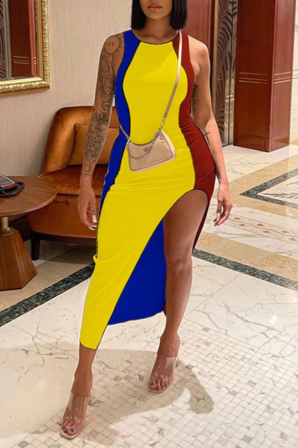 Fashion Casual Color Matching Sleeveless Irregular Maxi Dress Fashionpara