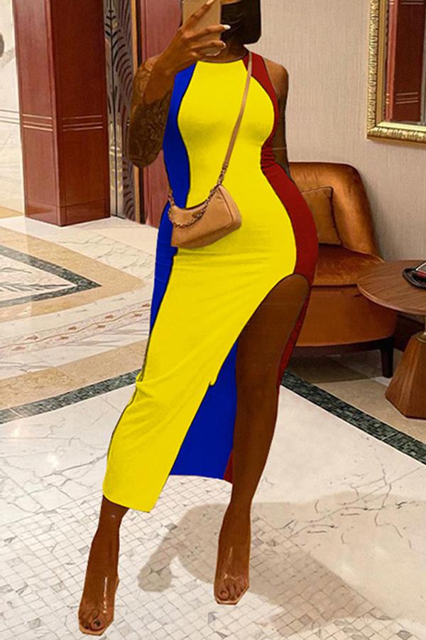 Fashion Casual Color Matching Sleeveless Irregular Maxi Dress Fashionpara