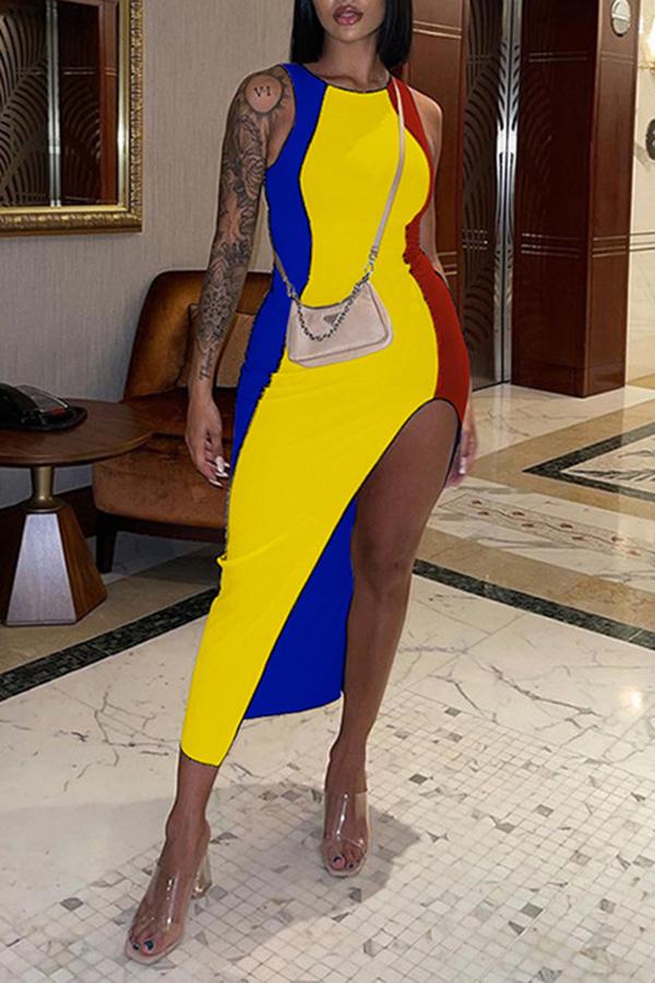 Fashion Casual Color Matching Sleeveless Irregular Maxi Dress Fashionpara