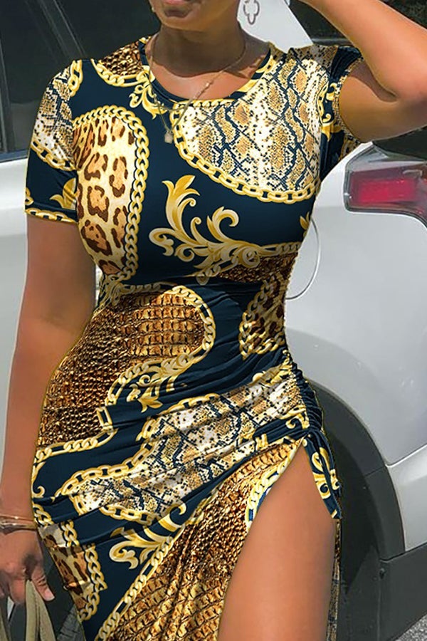 Casual Printed Short-sleeved Drawstring Pleated Midi Dress  Fashionpara