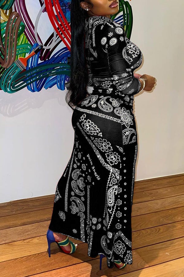 Buttoned Shirt Collar Paisley Print Maxi Dress Fashionpara