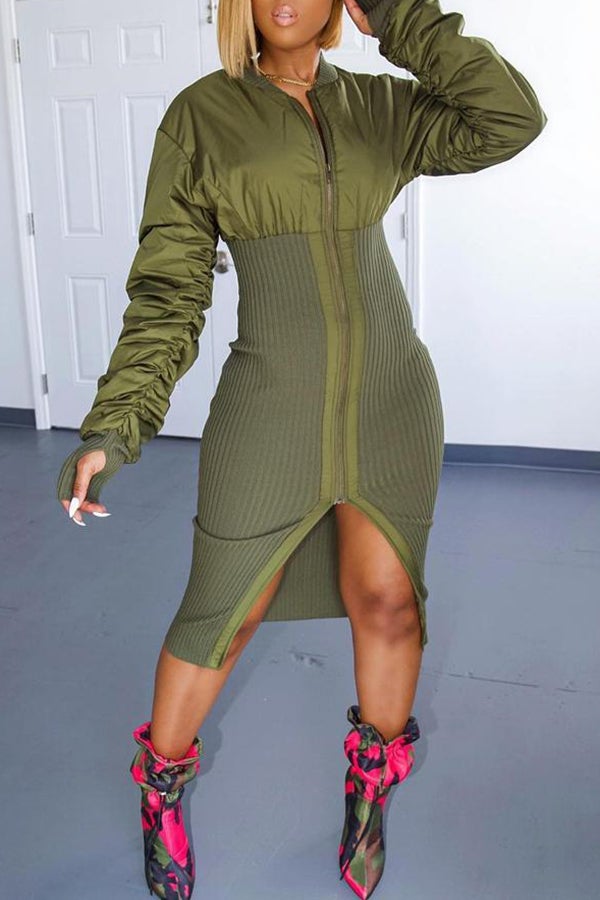 Sleek Solid Color Patchwork Chain Slit Midi Dress Fashionpara