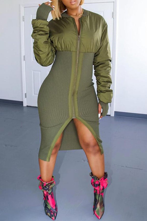 Sleek Solid Color Patchwork Chain Slit Midi Dress Fashionpara