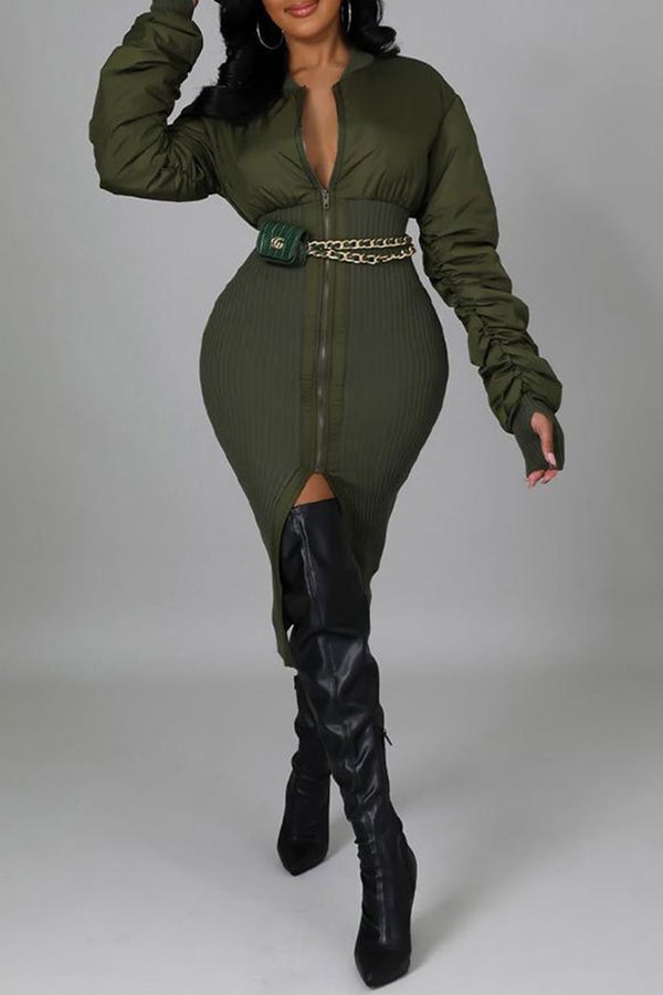 Sleek Solid Color Patchwork Chain Slit Midi Dress Fashionpara