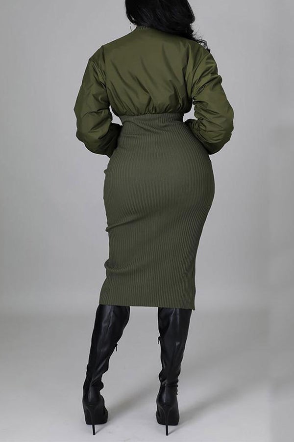 Sleek Solid Color Patchwork Chain Slit Midi Dress Fashionpara