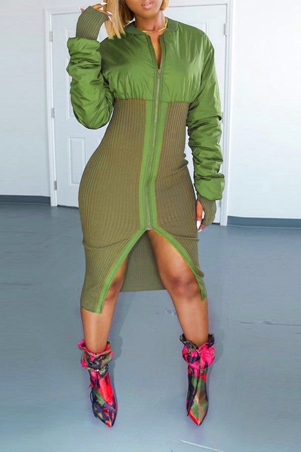 Sleek Solid Color Patchwork Chain Slit Midi Dress Fashionpara