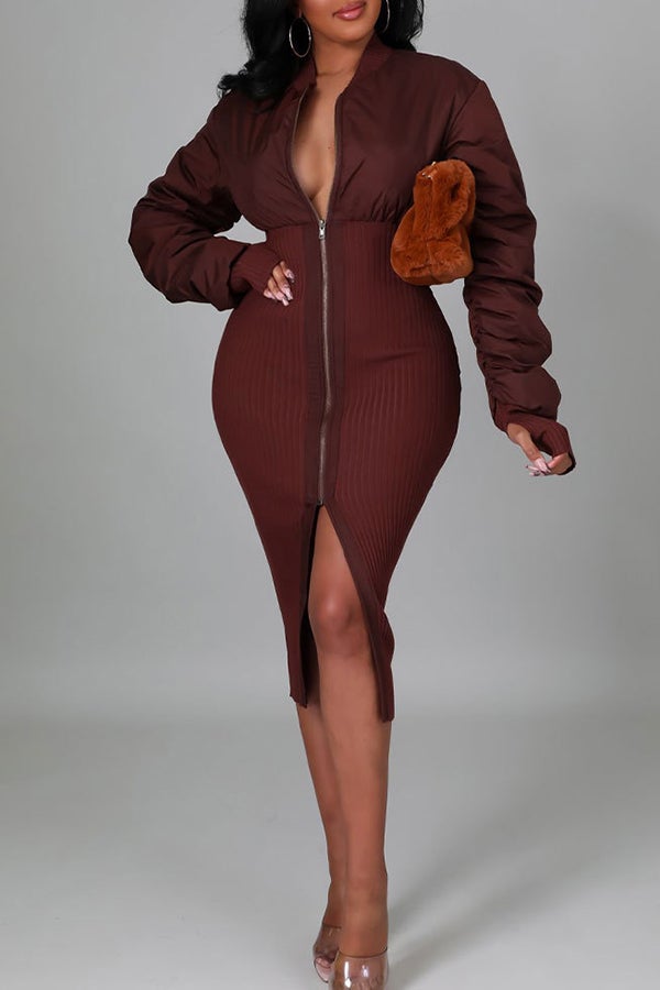 Sleek Solid Color Patchwork Chain Slit Midi Dress Fashionpara