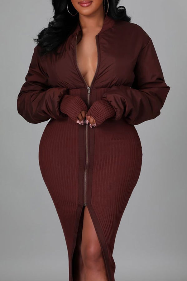 Sleek Solid Color Patchwork Chain Slit Midi Dress Fashionpara