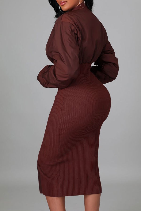 Sleek Solid Color Patchwork Chain Slit Midi Dress Fashionpara