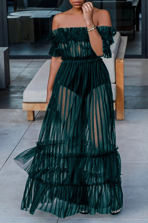 Off-the-shoulder Mesh Pleated Maxi Dress - Fashionpara