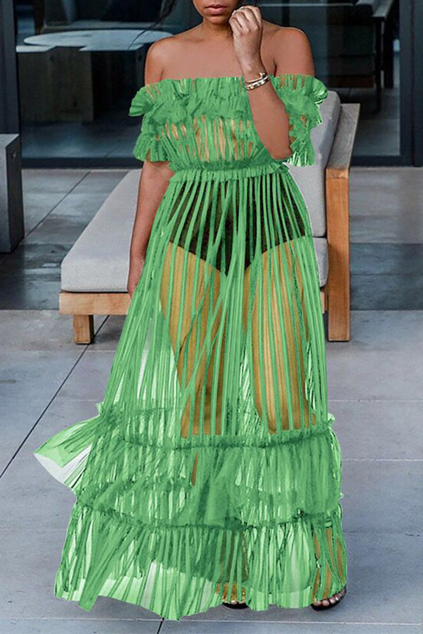 Off-the-shoulder Mesh Pleated Maxi Dress - Fashionpara