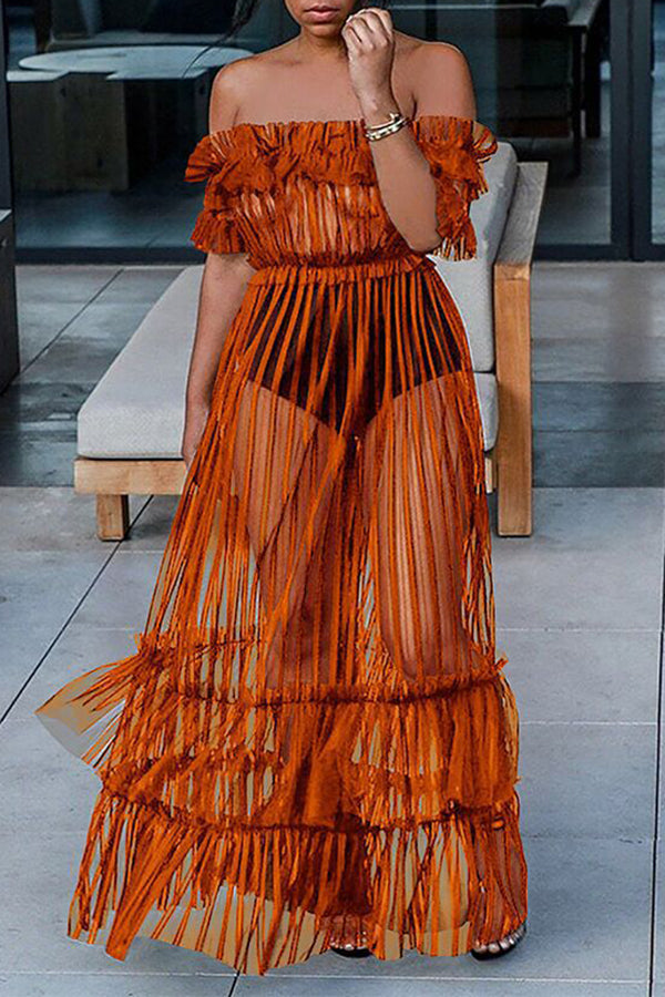 Off-the-shoulder Mesh Pleated Maxi Dress - Fashionpara