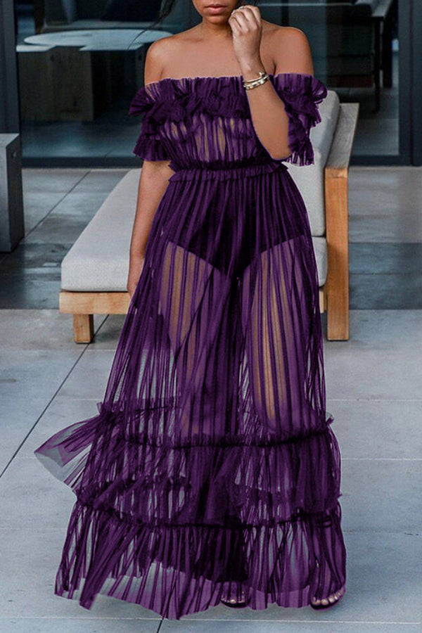 Off-the-shoulder Mesh Pleated Maxi Dress - Fashionpara