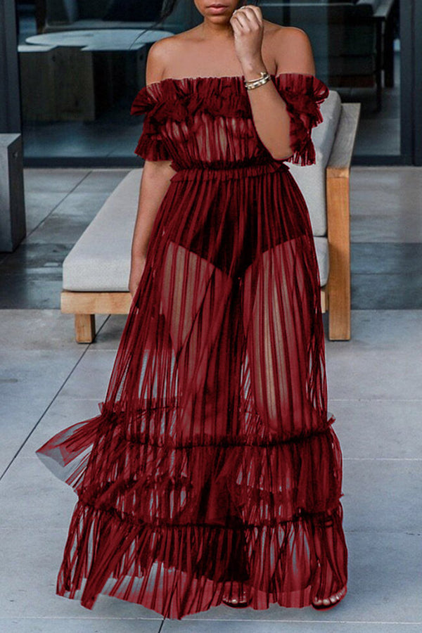 Off-the-shoulder Mesh Pleated Maxi Dress - Fashionpara
