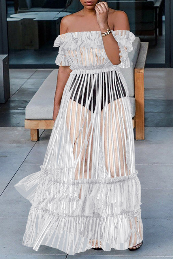 Off-the-shoulder Mesh Pleated Maxi Dress - Fashionpara