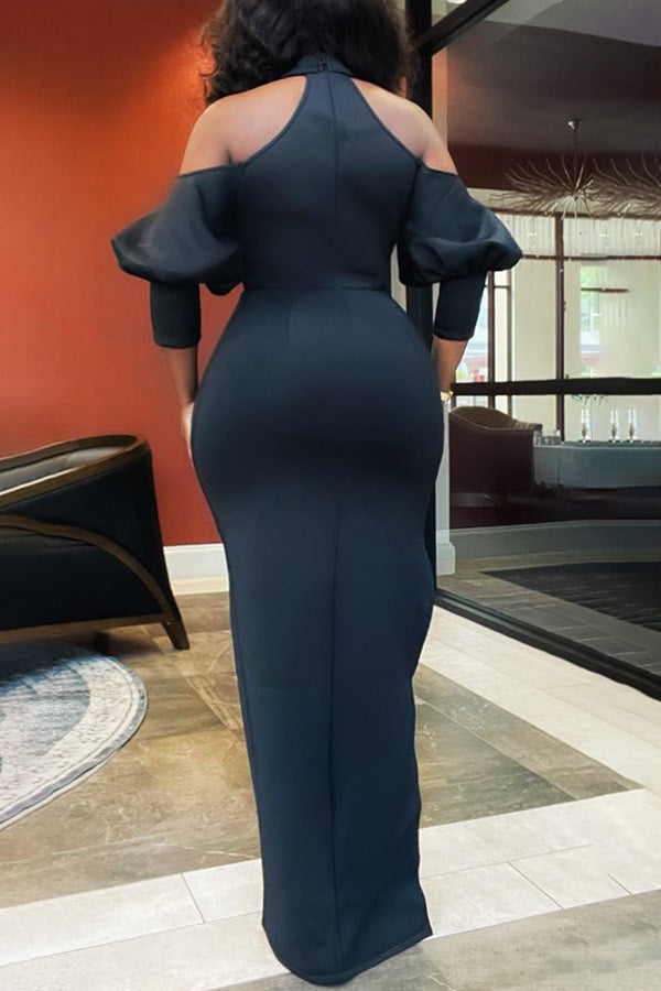 High Neck Off Shoulder Balloon Sleeve Slit Maxi Dress Fashionpara