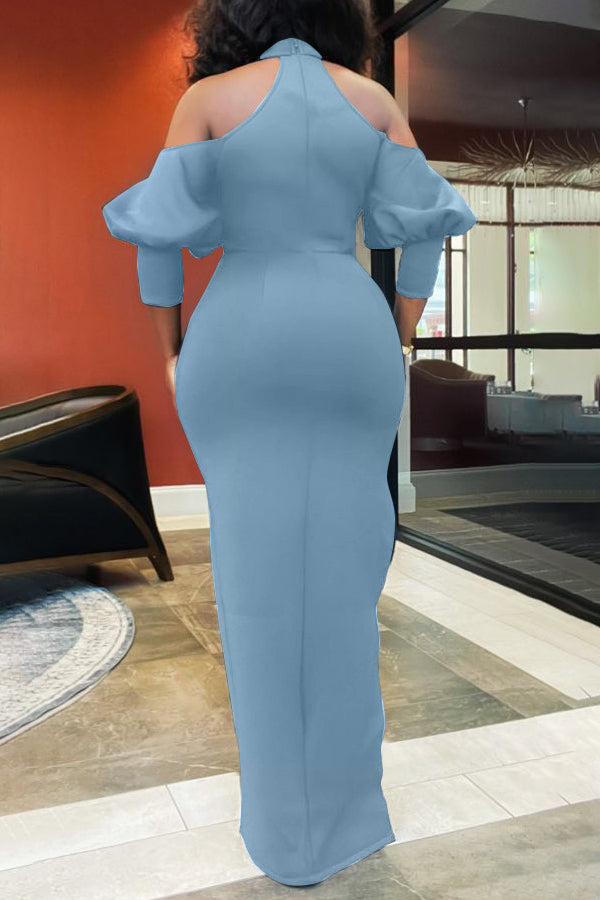 High Neck Off Shoulder Balloon Sleeve Slit Maxi Dress Fashionpara