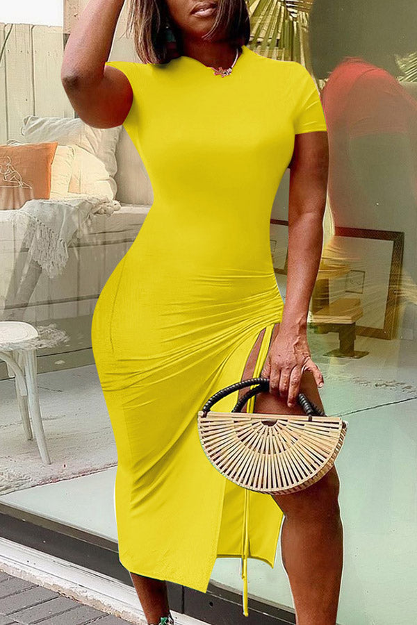 Casual Solid Short Sleeve Drawstring Pleated Midi Dress  Fashionpara