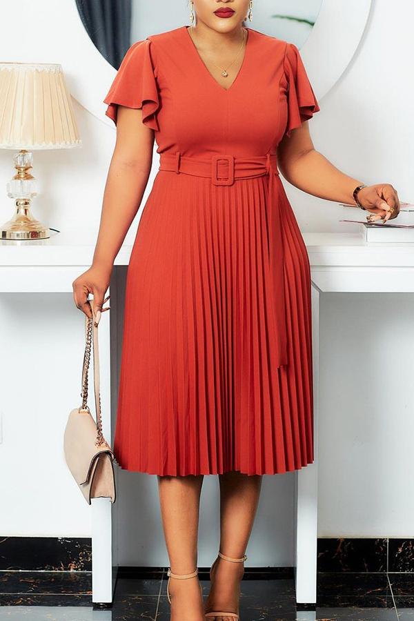 Temperament V Neck Plus Size Pleated Midi Dress Fashionpara