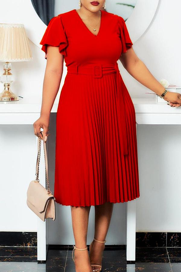 Temperament V Neck Plus Size Pleated Midi Dress Fashionpara