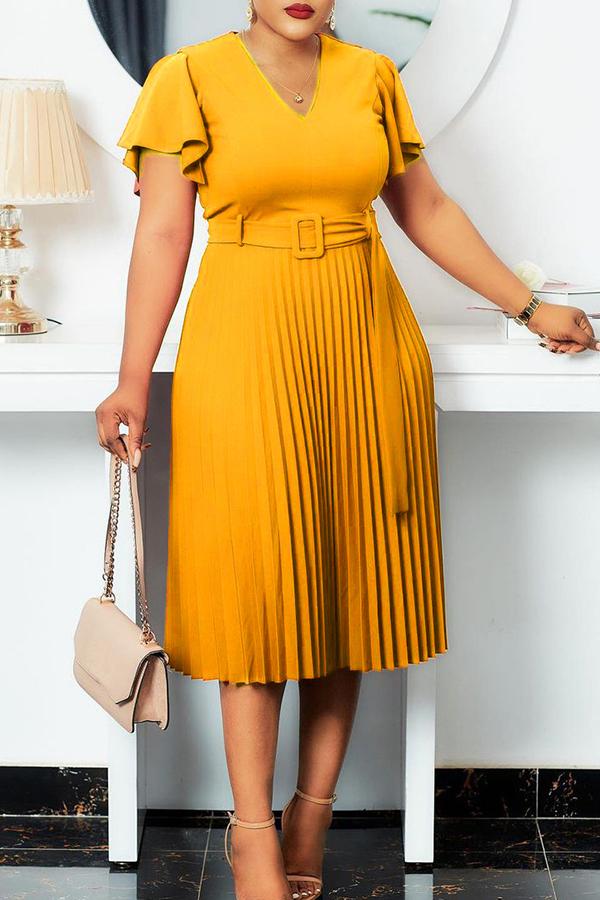 Temperament V Neck Plus Size Pleated Midi Dress Fashionpara