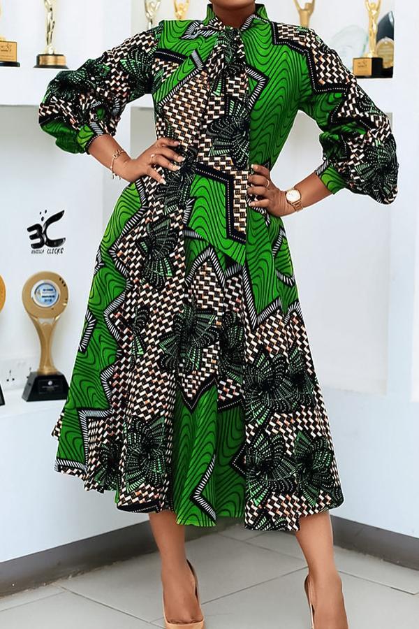 Fashion Printed Lace Up Long Sleeve Midi Dress Fashionpara