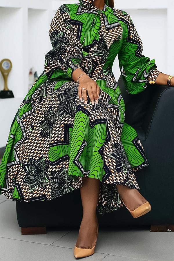 Fashion Printed Lace Up Long Sleeve Midi Dress Fashionpara