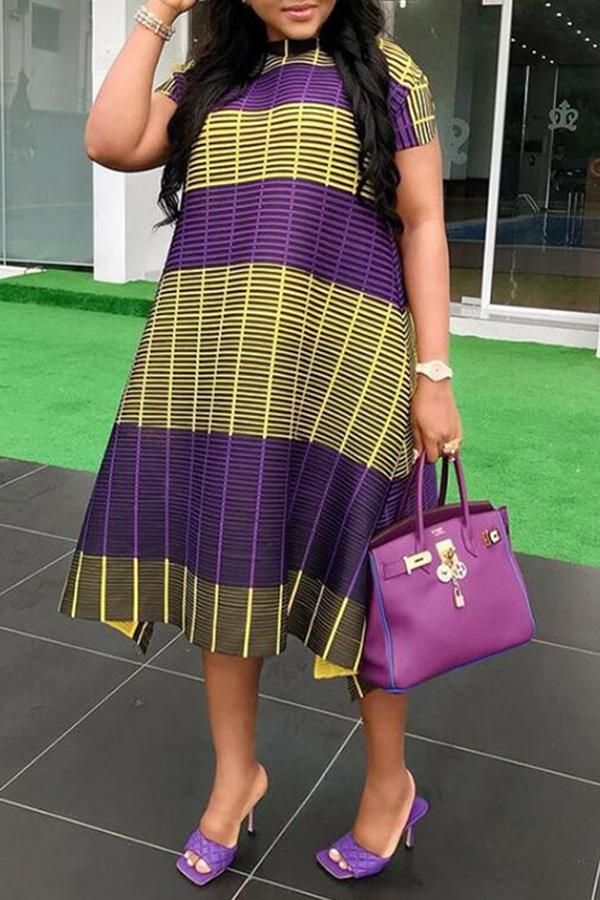 Fashion Pleated Loose Striped Plus Size Midi Dresses Fashionpara