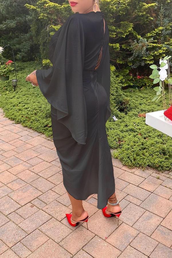 Fashion V-neck Batwing Sleeve Drawstring Midi Dress Fashionpara