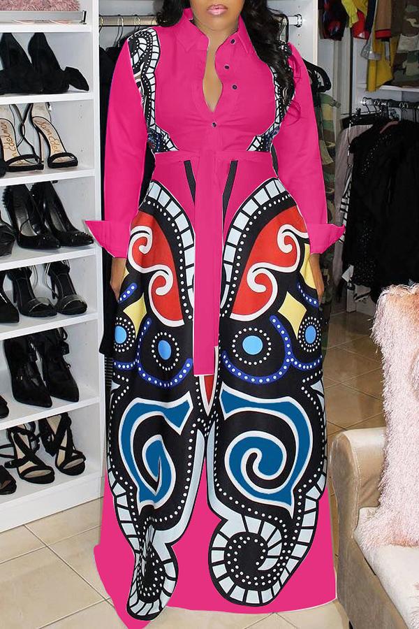 Elegant Shirt Collar Butterfly Print Belt Maxi Dress  Fashionpara