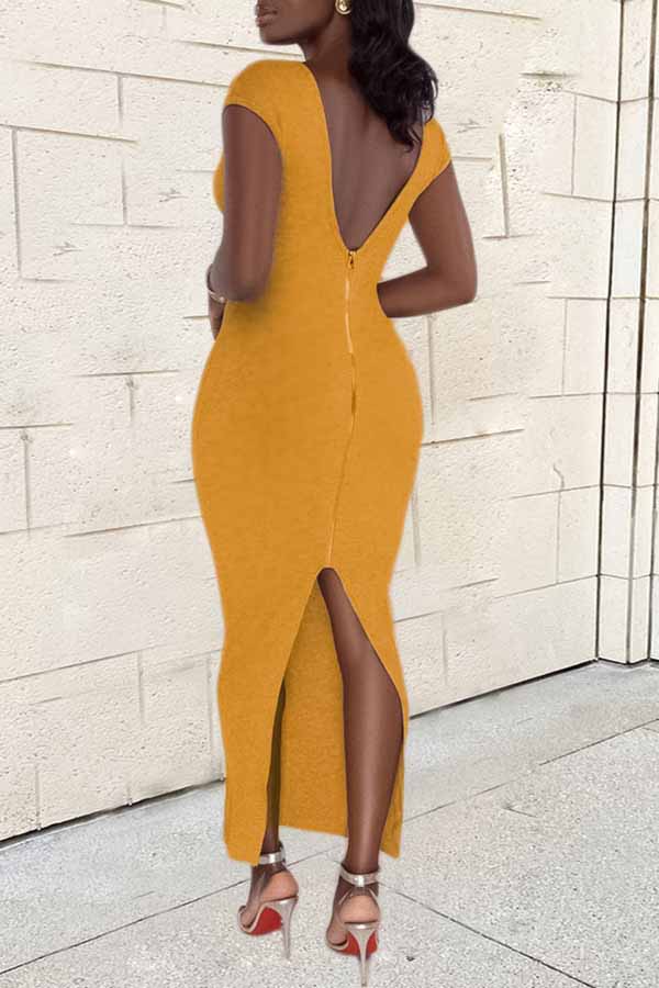 Sexy Solid Color V-neck Split Zipper Maxi Dress Fashionpara