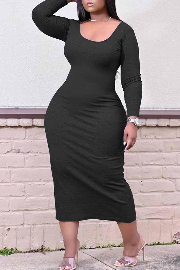Simple Solid Color U Collar Long Sleeved Plus Size Maxi Dress Fashionpara