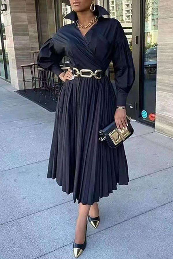 Elegant V-neck Long Sleeve Pleated Maxi Dress Fashionpara