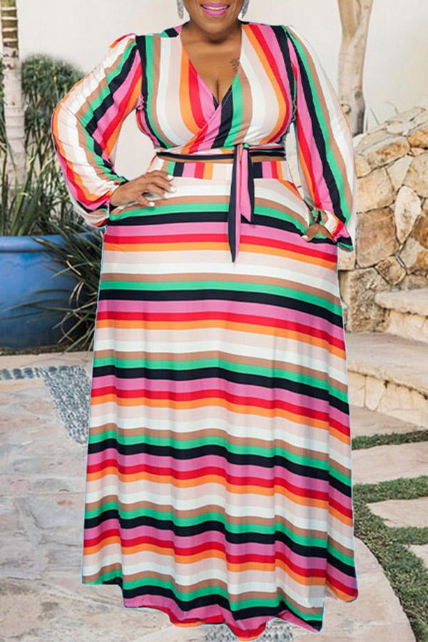 Fashion Striped Plus Size V-neck Lace Up Maxi Dress Fashionpara