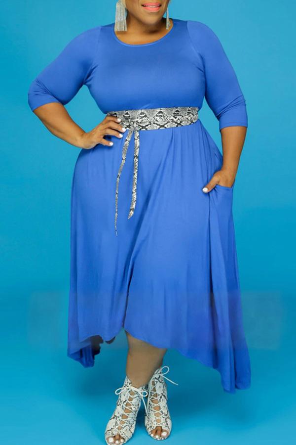 Comfortable Plus Size 3/4 Length Sleeve Irregular Midi Dress (Without Belt)  Fashionpara