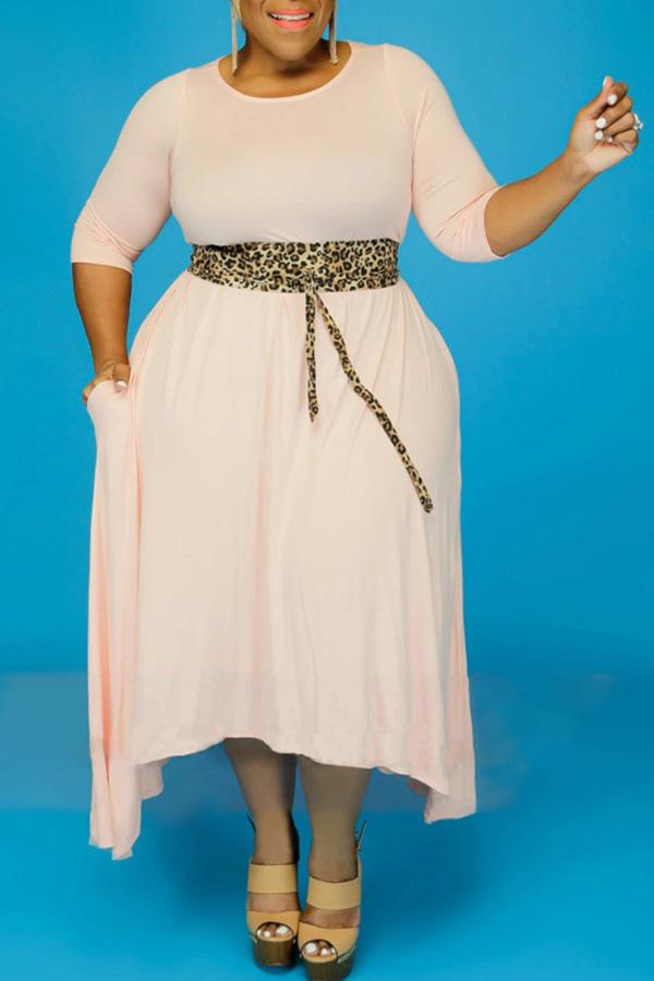 Comfortable Plus Size 3/4 Length Sleeve Irregular Midi Dress (Without Belt)  Fashionpara