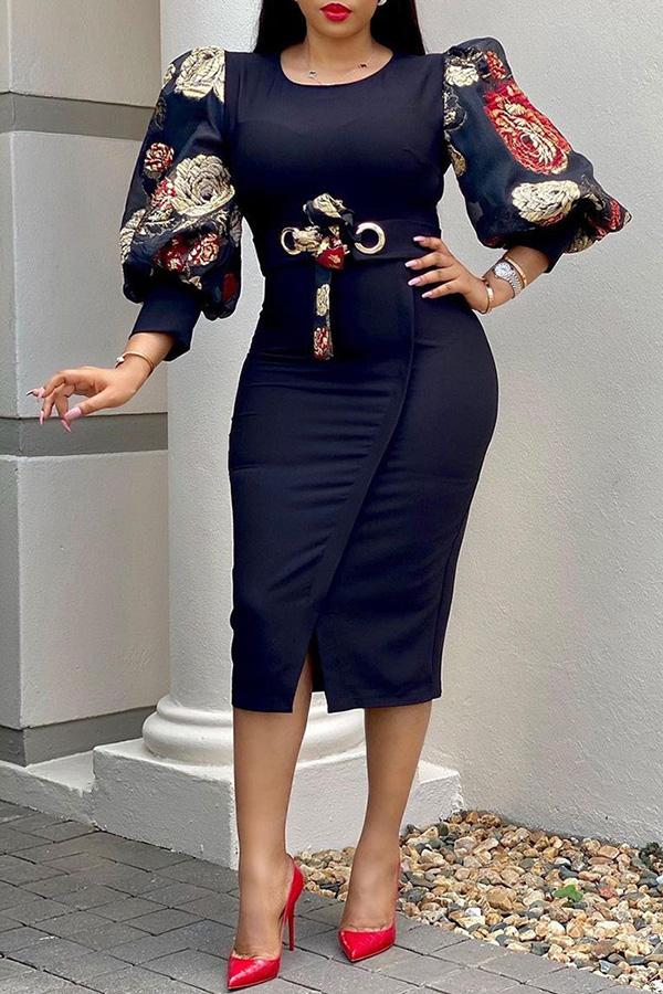 Temperament Commuter Printed Lace-up Midi Dress Fashionpara