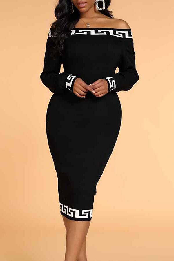 Fashion Stitching Printed Off Shoulder Midi Dress Fashionpara