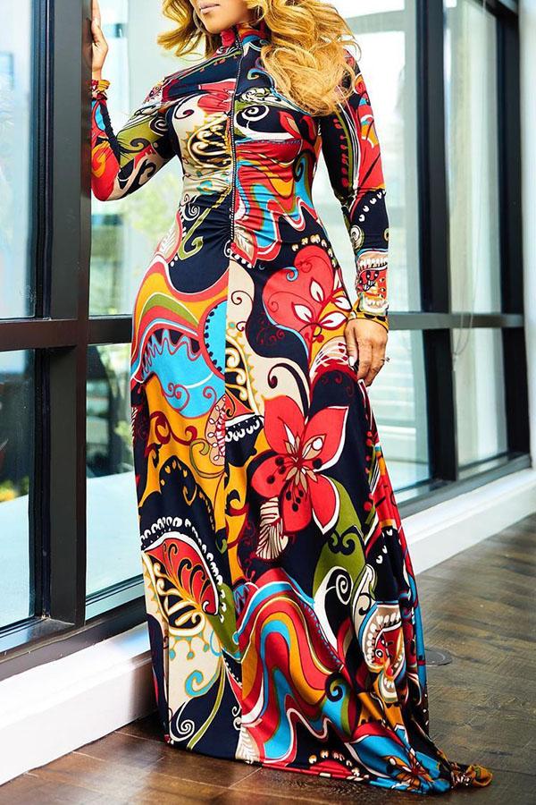 Sexy Print Turtleneck Long Sleeve Maxi Dress Fashionpara