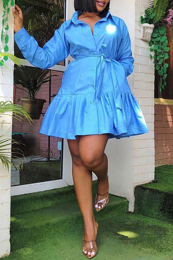 Temperament Shirt Belt Single Breasted Pleated Mini Dress  Fashionpara