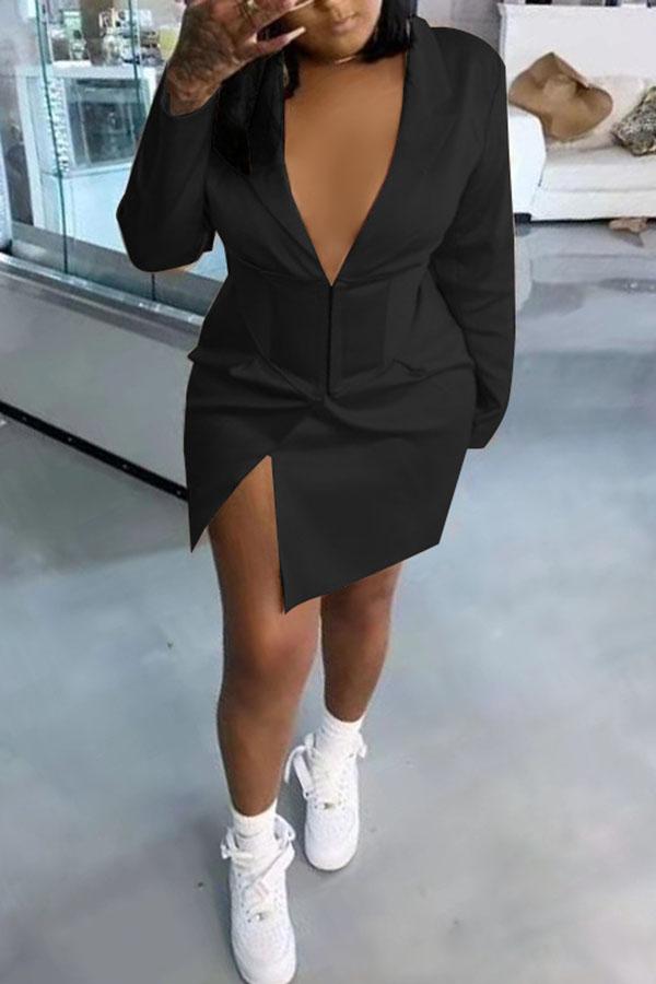 Sexy Deep V-neck Slim Slit Pleated Mini Dress Fashionpara