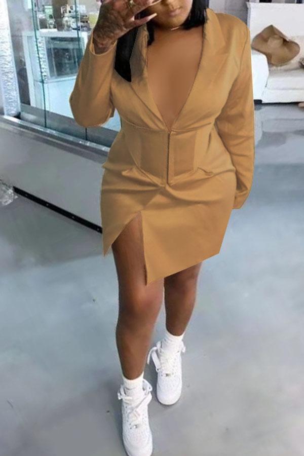 Sexy Deep V-neck Slim Slit Pleated Mini Dress Fashionpara