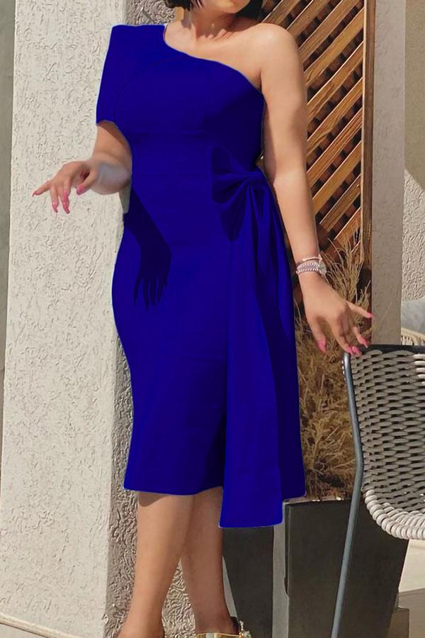 Temperament One Shoulder Bow Slim Midi Dress Fashionpara