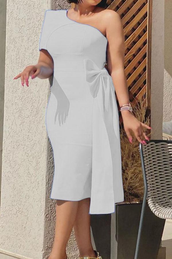 Temperament One Shoulder Bow Slim Midi Dress Fashionpara